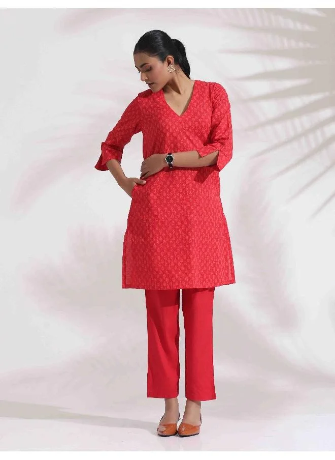 ترو برونز trueBrowns Red Cotton Print Kurta Co-ord Set
