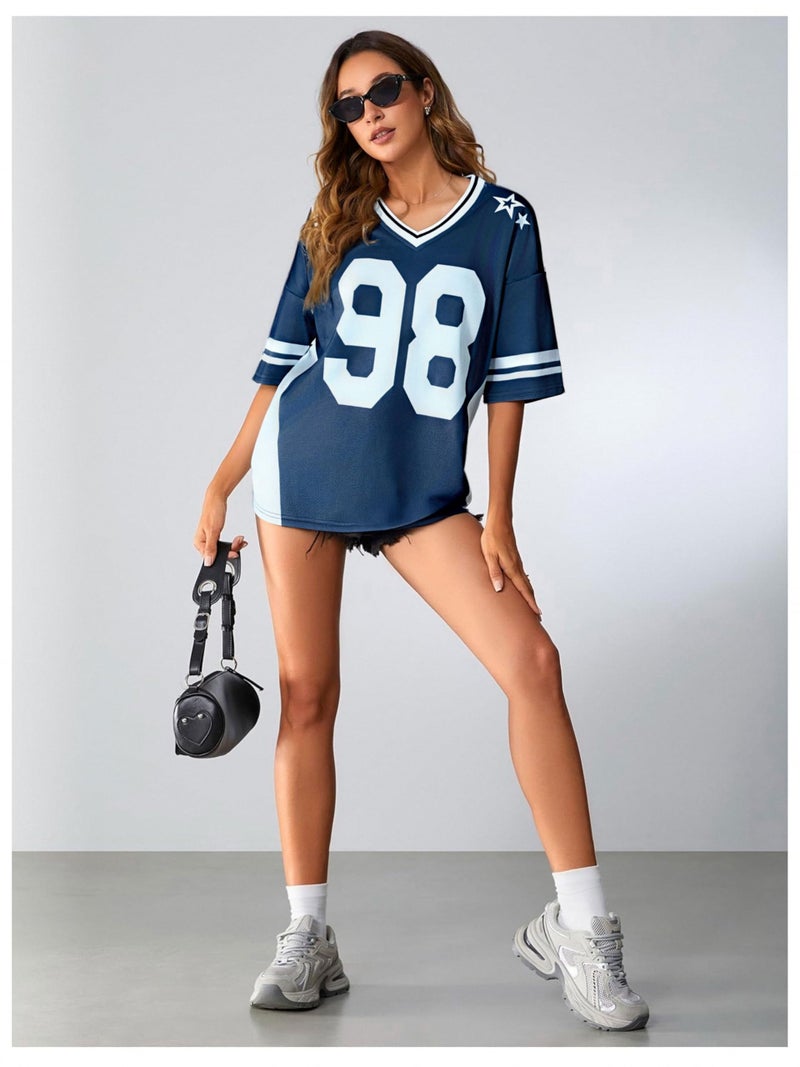 UNIQUEONE Jersey Shirts for Women Oversized V Neck Tshirt Number Graphic Shirt Casual Y6k Streetwear Tee Tops Dark Blue - Image 5