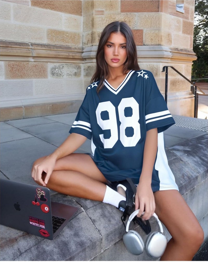UNIQUEONE Jersey Shirts for Women Oversized V Neck Tshirt Number Graphic Shirt Casual Y6k Streetwear Tee Tops Dark Blue - Image 4