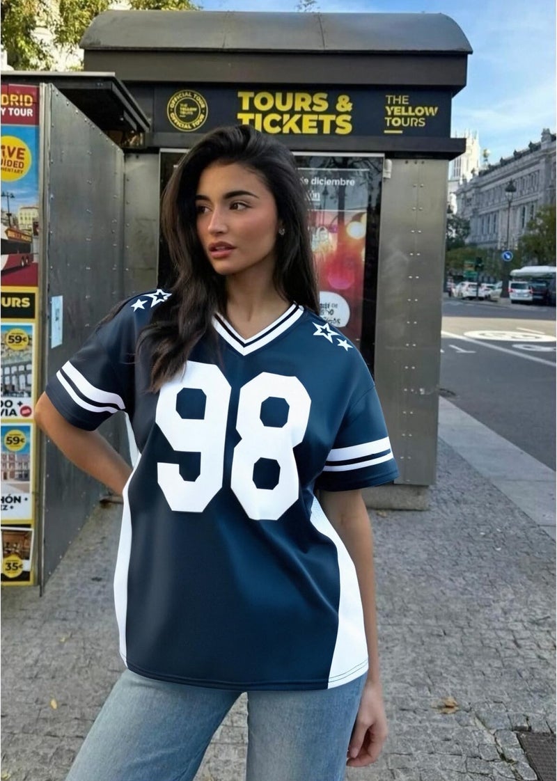 UNIQUEONE Jersey Shirts for Women Oversized V Neck Tshirt Number Graphic Shirt Casual Y6k Streetwear Tee Tops Dark Blue - Image 3