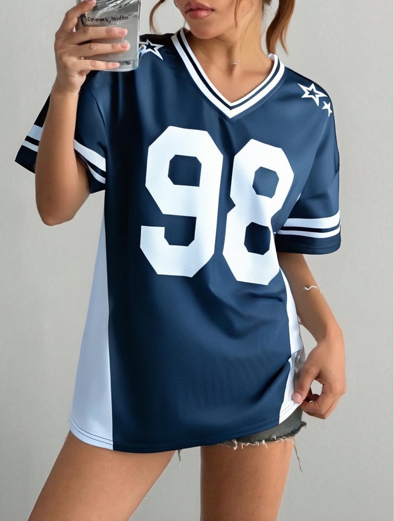 UNIQUEONE Jersey Shirts for Women Oversized V Neck Tshirt Number Graphic Shirt Casual Y6k Streetwear Tee Tops Dark Blue - Image 2