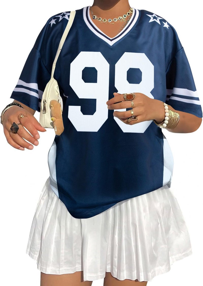 UNIQUEONE Jersey Shirts for Women Oversized V Neck Tshirt Number Graphic Shirt Casual Y6k Streetwear Tee Tops Dark Blue - Image 1