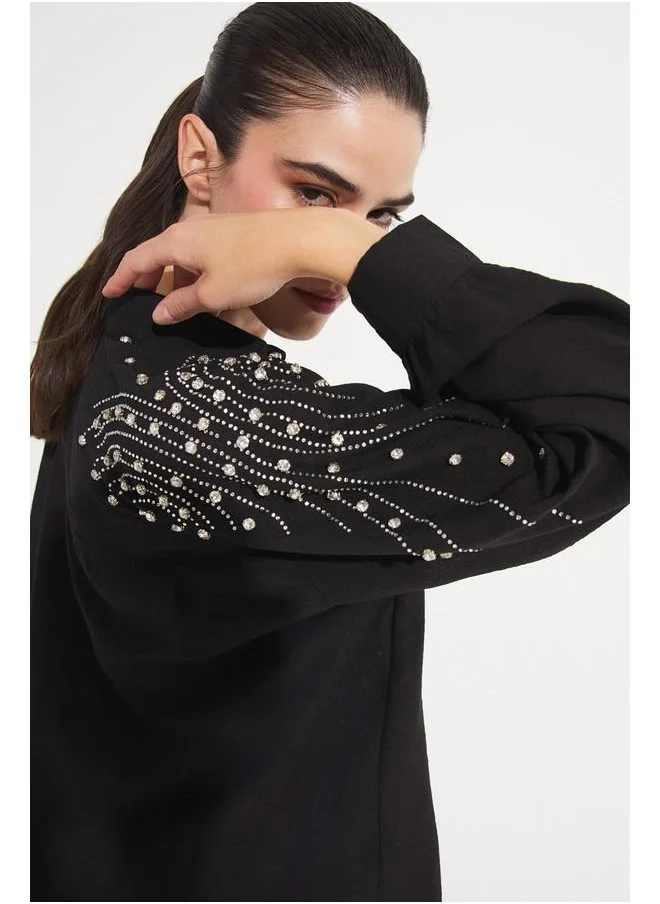 JUNE June Women Woven Stone Detailed on the Shoulder Shirt Black