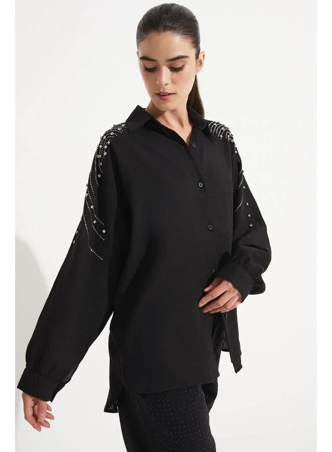 JUNE June Women Woven Stone Detailed on the Shoulder Shirt Black