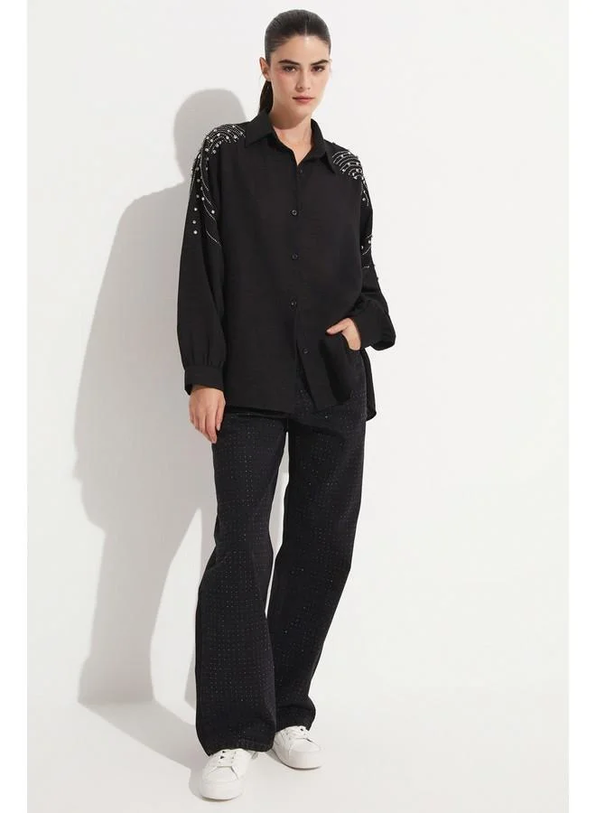 JUNE June Women Woven Stone Detailed on the Shoulder Shirt Black