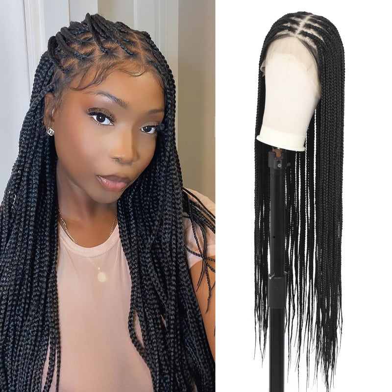 Lexqui 36 Inch 360 HD Full Lace Knotless Braided Wigs for Women Box Braid Wig with Baby Hair Premium Synthetic Braided Lace Front Wigs Black