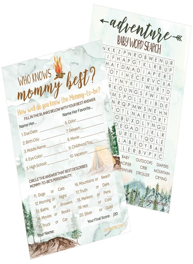 دسكتيكتفز ألعاب حفلة استقبال المولود الجديد من ديستنكتيفز - مجموعة لعبتين مع لعبة "من يعرف الأم أكثر؟" ولعبة البحث عن الكلمات - 20 بطاقة لاعب، أنشطة لحفلة استقبال المولود الجديد بطابع المغامرة - Image 1