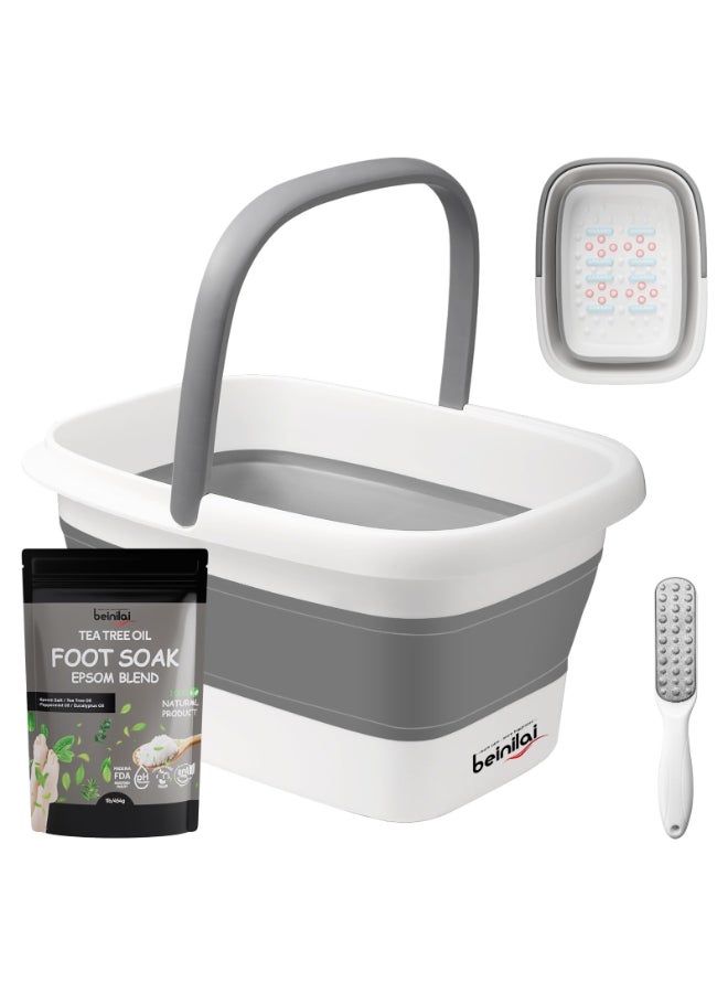Beinilai Collapsible Foot Bath Kit Foot Soaking Tub with Handle and Massage Acupoint Tea Tree Oil Foot Soak with Epsom Salt and Pedicure Feet File - Image 2