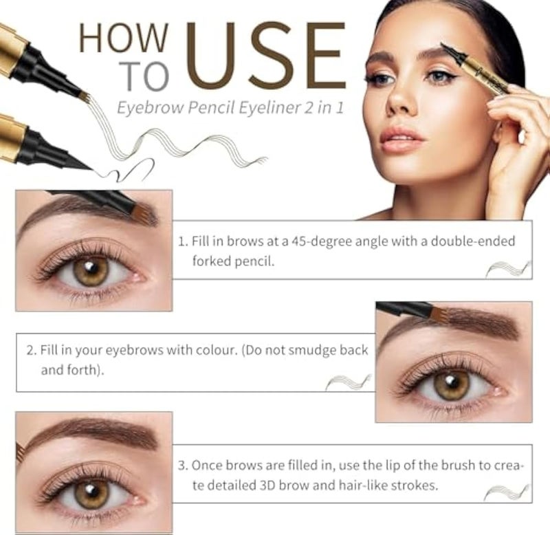 2-in-1 Eyeliner and Eyebrow Pencil Eyebrow Pen with Fork Tip Long-lasting Waterproof Eyeliner and Brow Pen,Easy Creation of Eyeliner Brows and Eyebrows(Black eyeliner - dark brown eyebrow) - Image 3