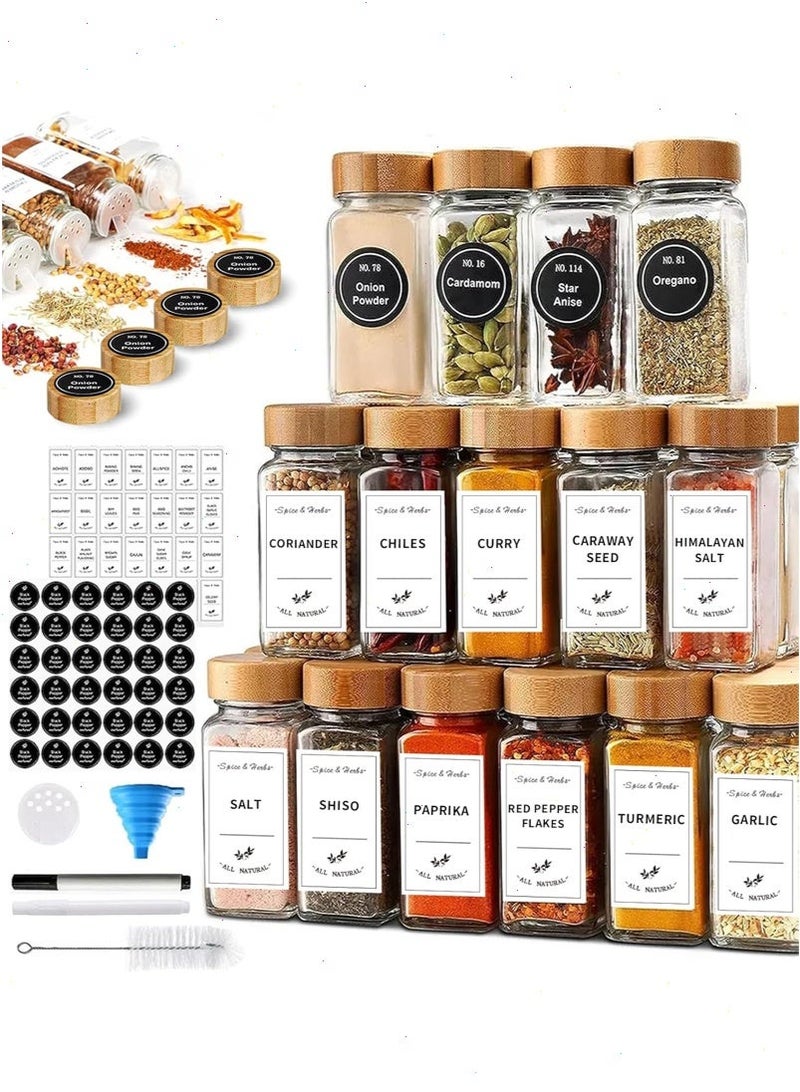 Glass Spice Jars,Empty Square Spice Containers with Bamboo Lids, Glass Food Storage Containers Jars with Labels Stickers, Shaker Lids, Funnel, Paint Pens and Cleaning Brush (Bamboo, 24) - Image 1