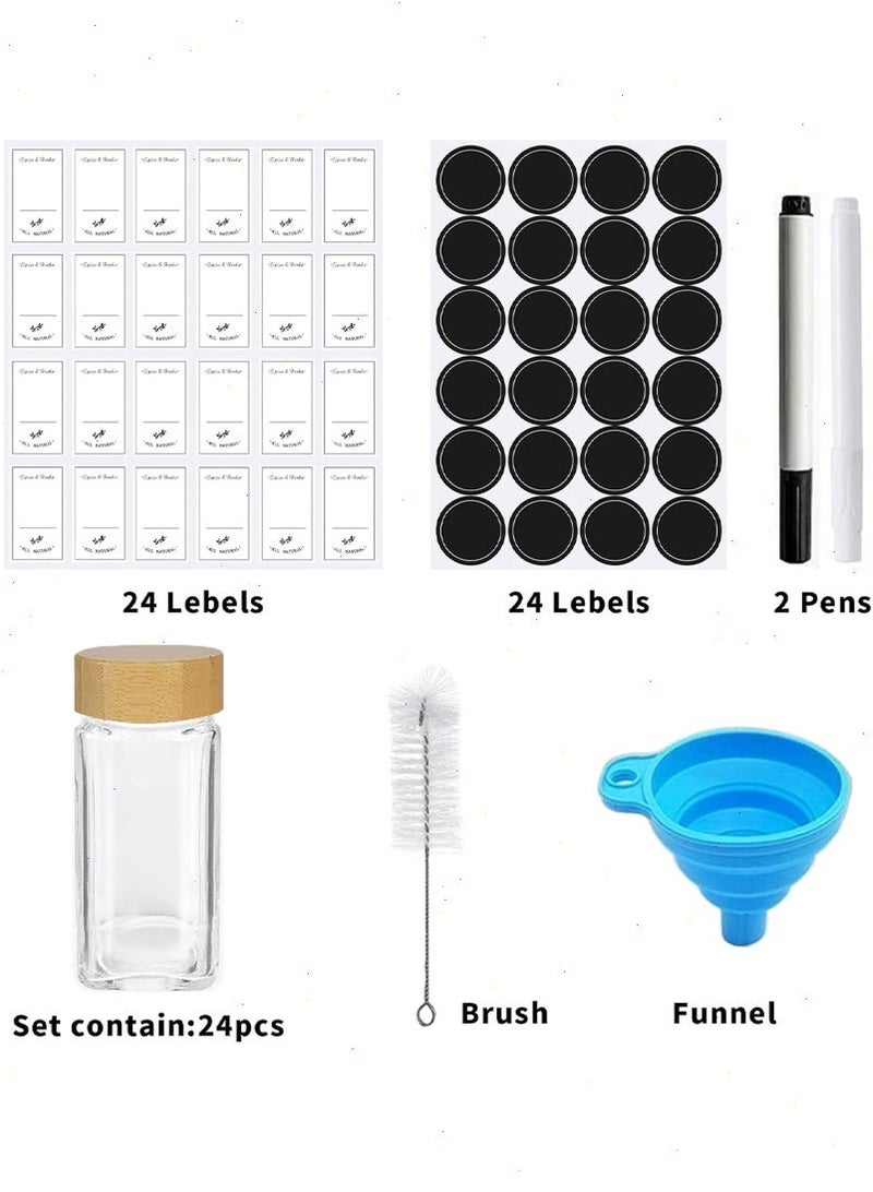 Glass Spice Jars,Empty Square Spice Containers with Bamboo Lids, Glass Food Storage Containers Jars with Labels Stickers, Shaker Lids, Funnel, Paint Pens and Cleaning Brush (Bamboo, 24) - Image 2