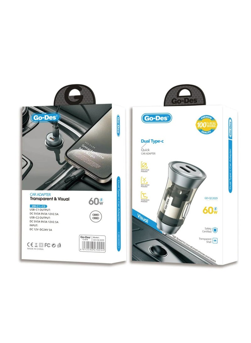 جو-ديز شاحن سيارة سريع مزدوج USB-C 60 وات مع محول معدني مع توزيع طاقة ذكي وغطاء شفاف - Image 3