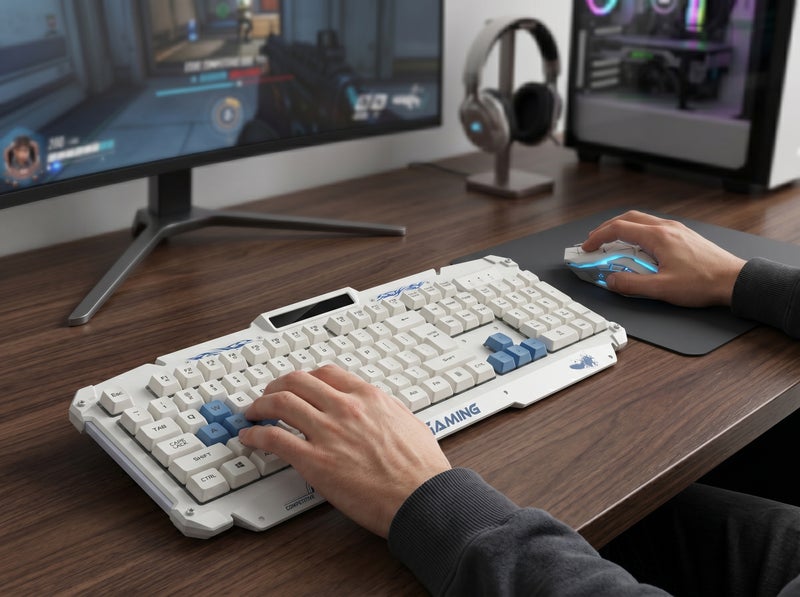 HK1868 Gaming Keyboard in White with Blue Keys - Ergonomic Non-Slip Design for Extended Gaming Sessions - Image 4