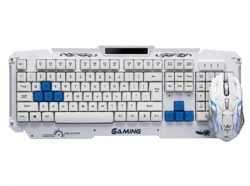 HK1868 Gaming Keyboard in White with Blue Keys - Ergonomic Non-Slip Design for Extended Gaming Sessions - Image 1