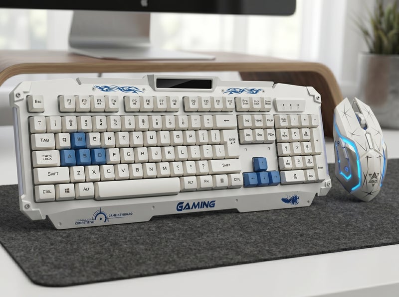 HK1868 Gaming Keyboard in White with Blue Keys - Ergonomic Non-Slip Design for Extended Gaming Sessions - Image 3