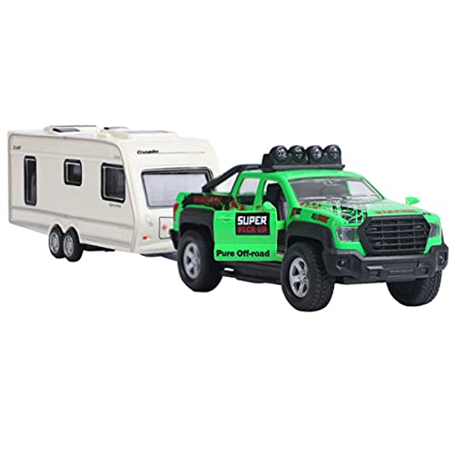 Metanyl Pickup Truck Trailer Towing Toy Camper 2 in 1 Playset RV Motorhome Toys for Boys Diecast Model Car Metal Pull Back Toy Cars 136 Scale SUV Doors Open Light Sound Kids Birthday Gifts Green - Image 1