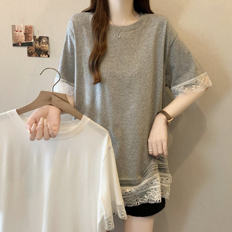 Sweet Lace Splicing Right Shoulder Top T-Shirt For Women In Large Size Loose And Stylish Slimming Look Bottoming Shirt - Image 2