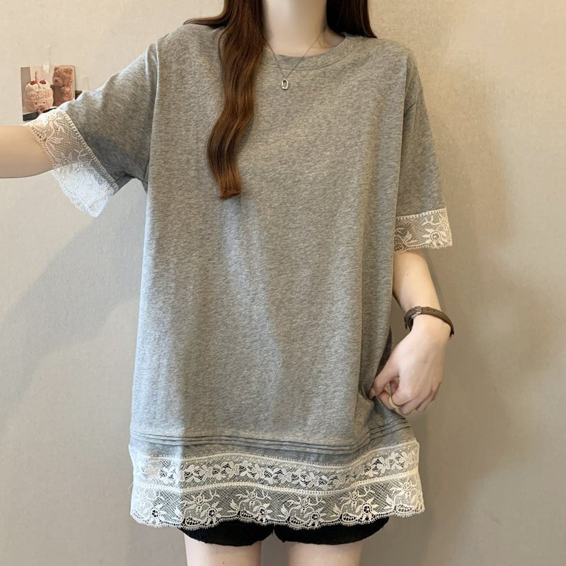Sweet Lace Splicing Right Shoulder Top T-Shirt For Women In Large Size Loose And Stylish Slimming Look Bottoming Shirt - Image 1