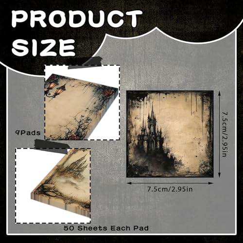 ZCPTZ 9 Pcs Gothic Style Notepads 3" x 3" Self-adhesive Goth Note Pads Memo for Home Office Work School Supplies Teacher, Gothic Lovers Gifts - 450 Sheets Reusable Gothic Sticky Notes - Image 2
