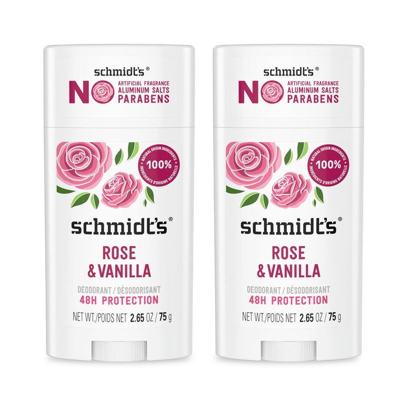 Schmidt's Aluminum-Free Vegan Deodorant Rose & Vanilla with 24 Hour Odor Protection 2 Count for Women and Men, Natural Ingredients, Cruelty-Free, 2.65 oz - Image 1