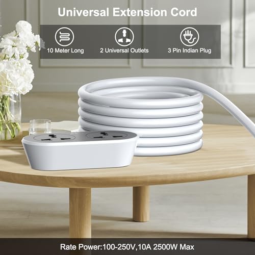 Hoteon Extension Board 10 Meter, 2500W Extension Cord, 10A Heavy Duty Ultra-Long Wire, 2 Universal Outlets Power Cord with Surge Protection, 3-Pins Power Cable for Home Office Indoor Outdoor - Image 2