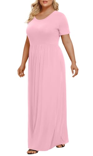 LONGYUAN Women's Plus Size Maxi Dresses for Curvy Women Summer Short Sleeve Casual 2026 Long Dress Pink 3XL - Image 2