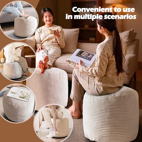 Sqodok Round Stuffed Pouf Ottoman for Foot Stools, 20"x 15" Corduroy Poufs Ottoman with Shredded Foam Filling, Washable Floor Poufs Foot Rest for Living Room Bedroom Home Decor and Office Chair - Image 4