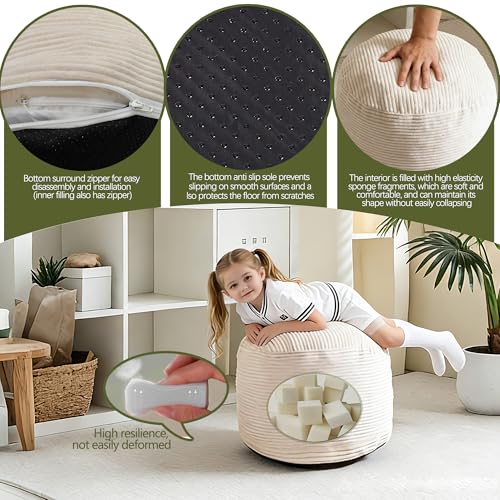 Sqodok Round Stuffed Pouf Ottoman for Foot Stools, 20"x 15" Corduroy Poufs Ottoman with Shredded Foam Filling, Washable Floor Poufs Foot Rest for Living Room Bedroom Home Decor and Office Chair - Image 5