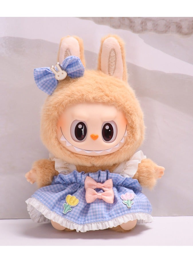 Clothes for Labubu(NO Doll) , Handcrafted Crochet 2 Piece Set for 17cm Doll, Premium Outfit with Accessories for Labubu, Stylish Clothes for Labubu Doll(blue plaid skirt) - Image 1