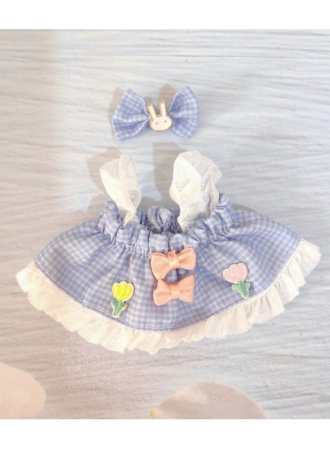 Clothes for Labubu(NO Doll) , Handcrafted Crochet 2 Piece Set for 17cm Doll, Premium Outfit with Accessories for Labubu, Stylish Clothes for Labubu Doll(blue plaid skirt) - Image 3
