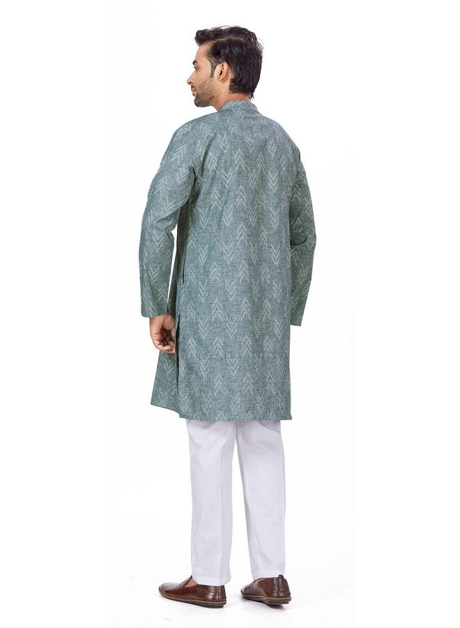 Studio Shringaar Men's Cotton Blend Relaxed Fit Ikat Printed Knee Length Kurta(M119, Grey_4XL) - Image 3