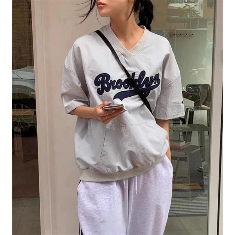 Summer New South Korea Ins Embroidered Letters Sports Retro Jersey Style Short-sleeved Nylon T-shirt Top Cool Light blue - Image 4