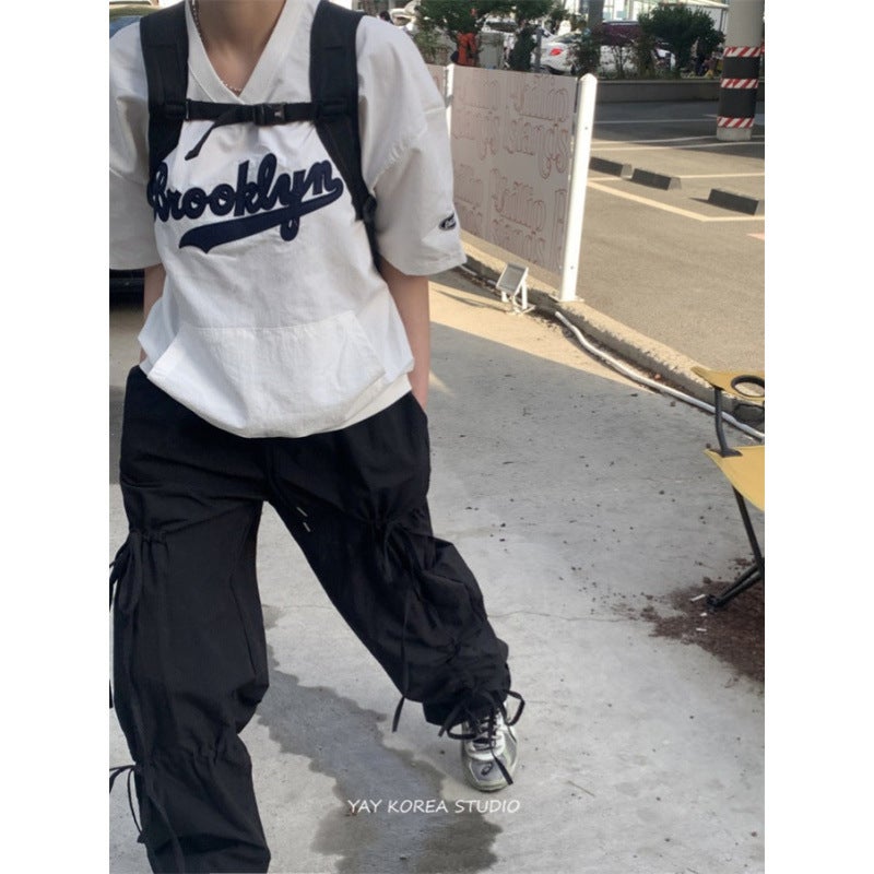 Summer New South Korea Ins Embroidered Letters Sports Retro Jersey Style Short-sleeved Nylon T-shirt Top Cool Light blue - Image 1