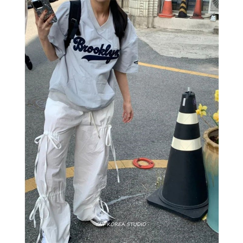 Summer New South Korea Ins Embroidered Letters Sports Retro Jersey Style Short-sleeved Nylon T-shirt Top Cool Light blue - Image 2