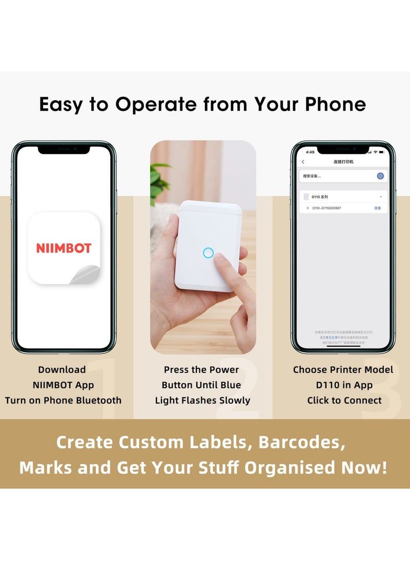 NIIMBOT - D110 Label Printer Thermal Label Maker Machine with 1 Roll 15mm*30mm White Tape, Portable Mini Wireless Bluetooth Sticker Printer for Phone Easy to Use for School Office Home Organization Rechargeable Use, Mobile Phone Editable, Printable Width 10-15mm, White - Image 1