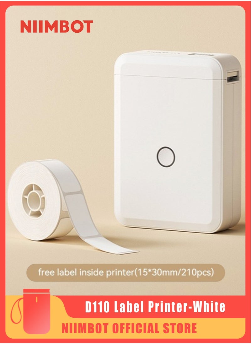 NIIMBOT - D110 Label Printer Thermal Label Maker Machine with 1 Roll 15mm*30mm White Tape, Portable Mini Wireless Bluetooth Sticker Printer for Phone Easy to Use for School Office Home Organization Rechargeable Use, Mobile Phone Editable, Printable Width 10-15mm, White - Image 1