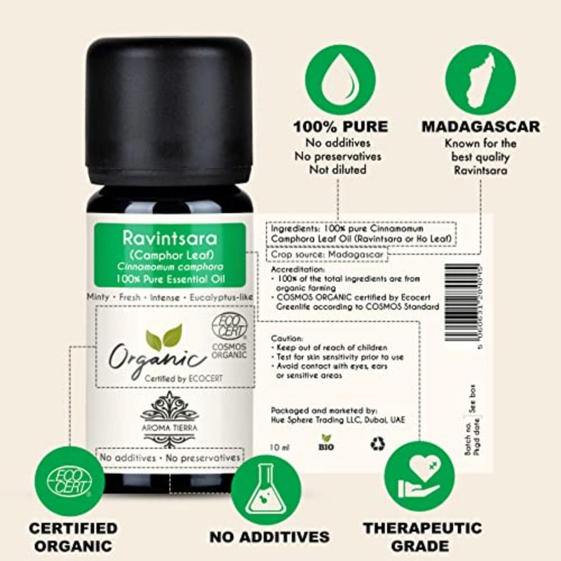 للناشر والعلاج العطري: زيت رافينتسارا العطري العضوي، 10 مل، رائحة الكافور الطبيعية النقية تشبه الأوكالبتوس، دعم التنفس الواضح وتنقية الهواء. - Image 2