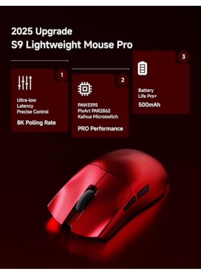 Eweadn S9 Pro Wireless Gaming Mouse, 59G Ergonomic Computer Mouse, Triple Modes, 8K Polling, 26K DPI, PAW3395 Optical Sensor, Kailh Switch, 250h Battery Life, Programmable for PC/Win/Mac(Red) - Image 2