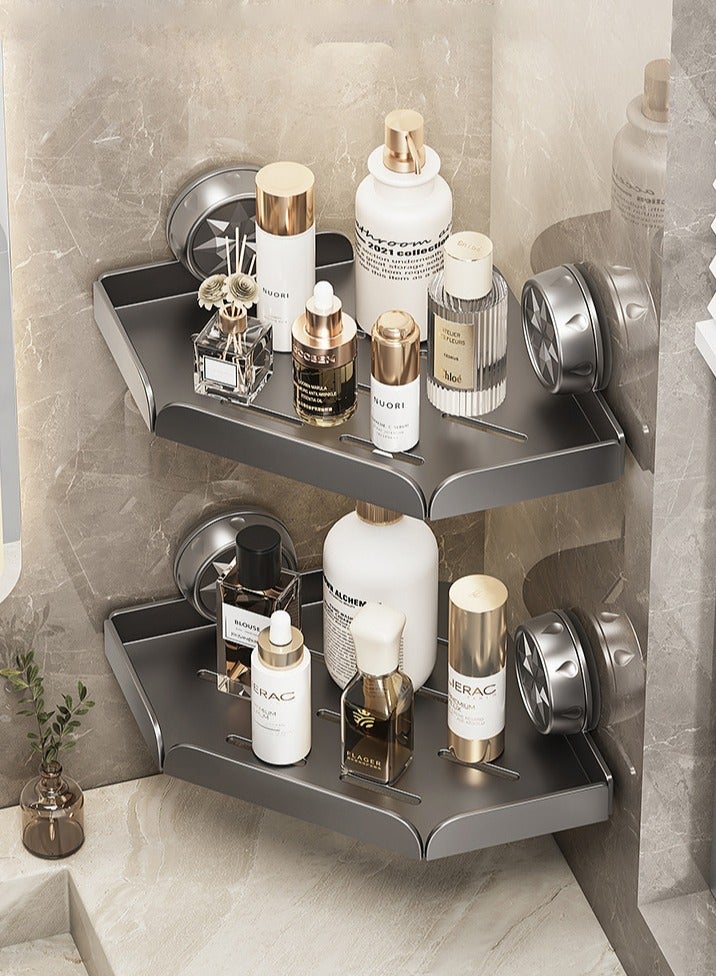 2-Tier Sturdy Triangle Carbon Steel Wall-Mounted Bathroom Shelf Rustproof, Multi-Functional, with Suction Cups, Extra Storage  Raised Edges for Secure Organization - Image 1
