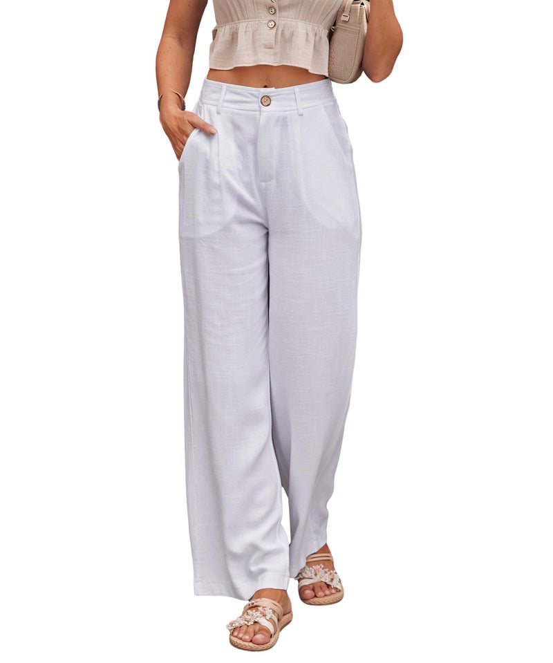 heipeiwa Womens Linen Casual High Waist Wide Leg Straight Dress Cotton Linen Pants Button Trousers