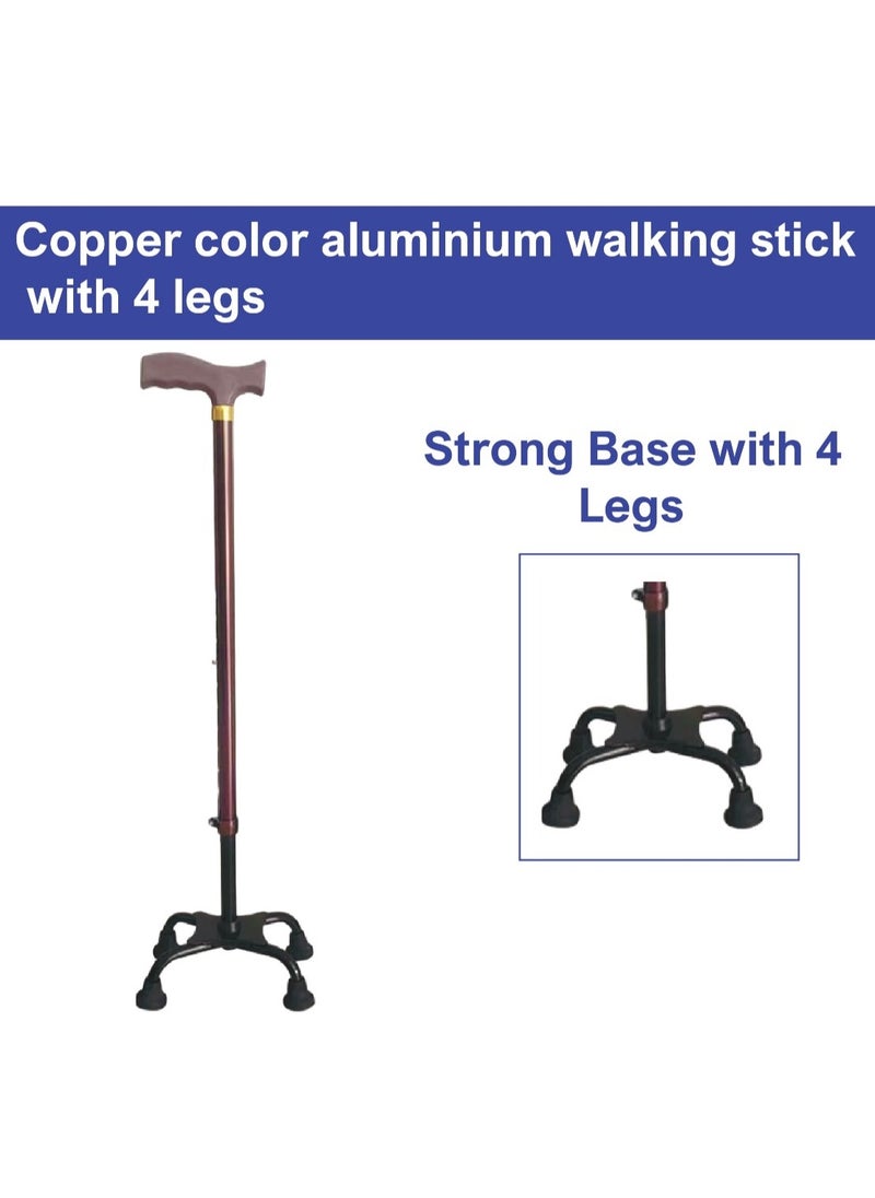 STARMED - StarMed Copper Color 4 Leg Aluminium Walking Stick, Strong & comfortable base with 4 legs, Adjustable Height, walking assistance walker stick - Image 1