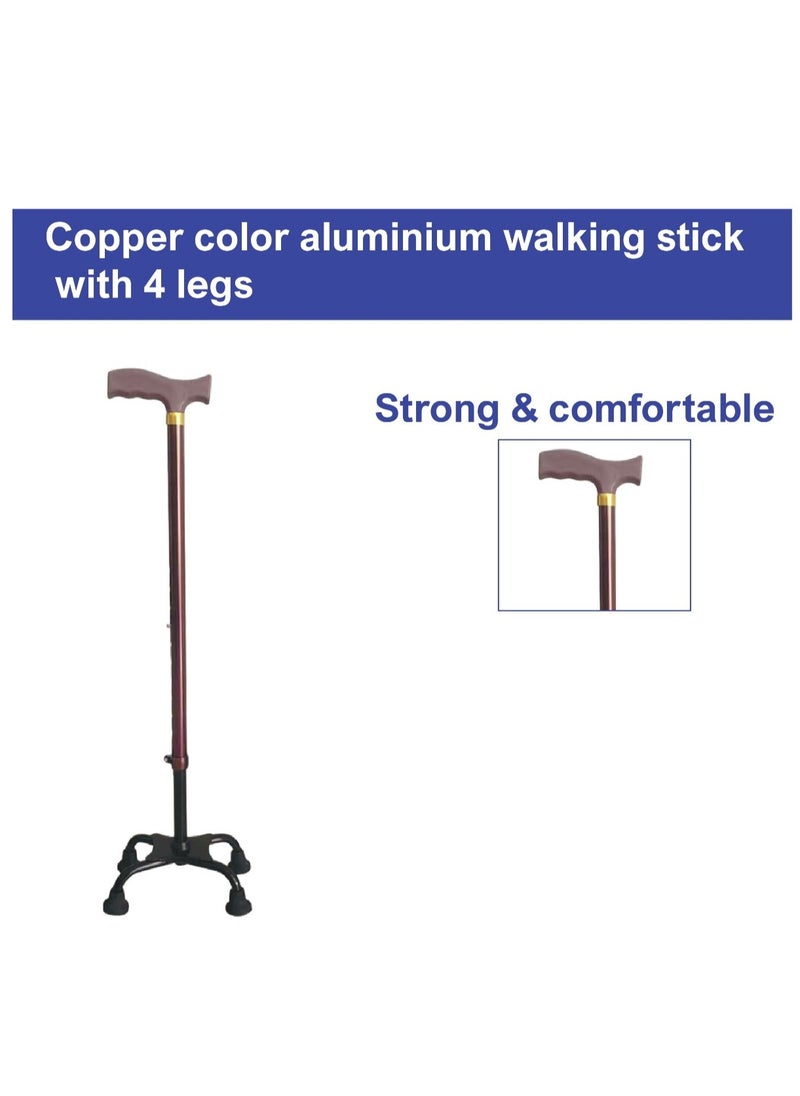 STARMED - StarMed Copper Color 4 Leg Aluminium Walking Stick, Strong & comfortable base with 4 legs, Adjustable Height, walking assistance walker stick - Image 1
