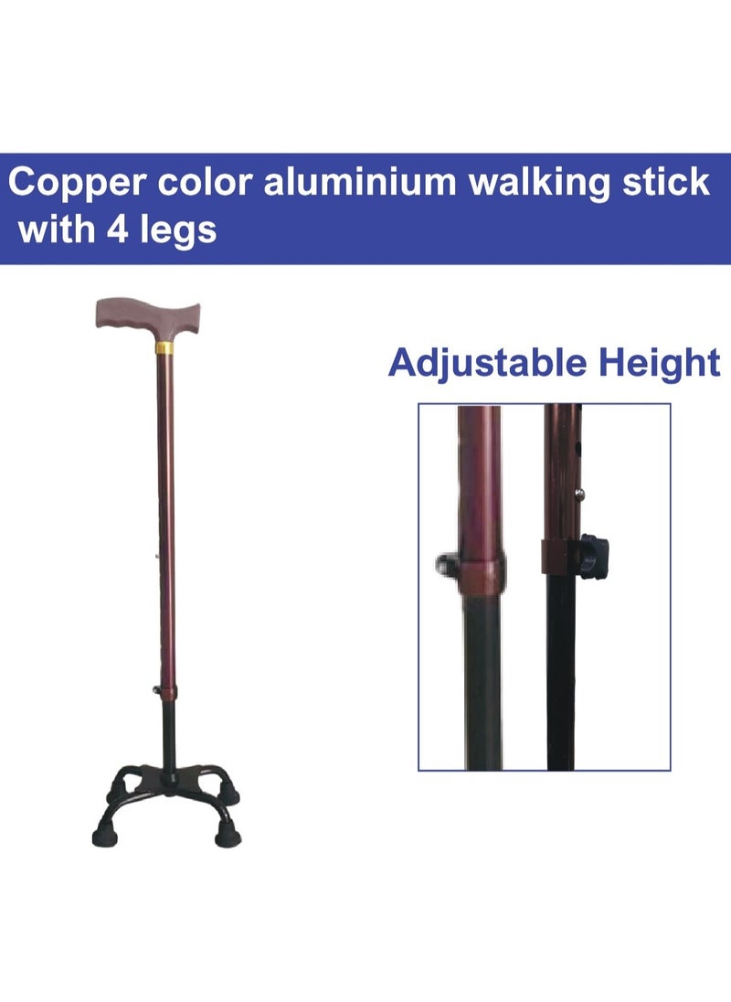 STARMED - StarMed Copper Color 4 Leg Aluminium Walking Stick, Strong & comfortable base with 4 legs, Adjustable Height, walking assistance walker stick - Image 1