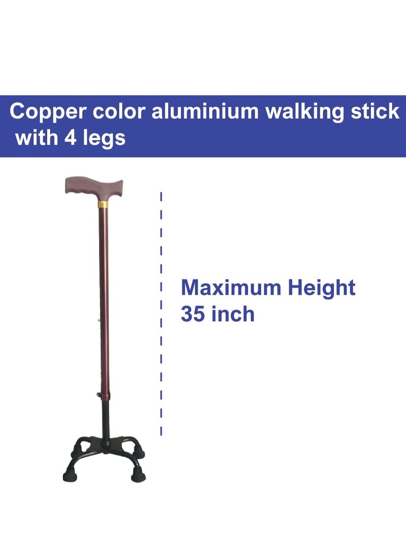 STARMED - StarMed Copper Color 4 Leg Aluminium Walking Stick, Strong & comfortable base with 4 legs, Adjustable Height, walking assistance walker stick - Image 1