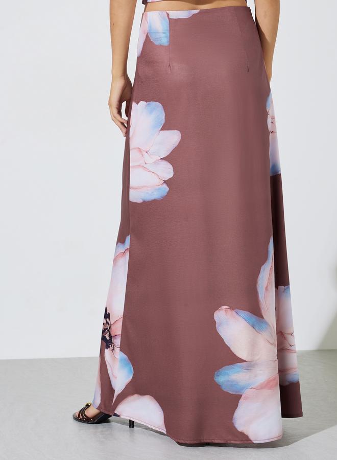Styli Rust Floral Print Flared Maxi Skirt - Image 4