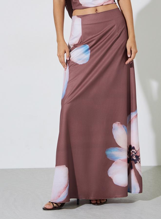 Styli Rust Floral Print Flared Maxi Skirt - Image 2
