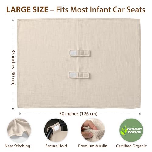 infancie 100% Organic Muslin Cotton Car Seat Cover 35 x 50 Inches Soft Touch Breathable Canopy, Protective Car Seat Cover Baby All Seasons Lightweight Car Seat Cover Travel Comfort (Ivory) - Image 2