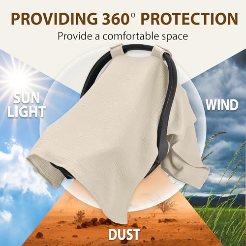 infancie 100% Organic Muslin Cotton Car Seat Cover 35 x 50 Inches Soft Touch Breathable Canopy, Protective Car Seat Cover Baby All Seasons Lightweight Car Seat Cover Travel Comfort (Ivory) - Image 5