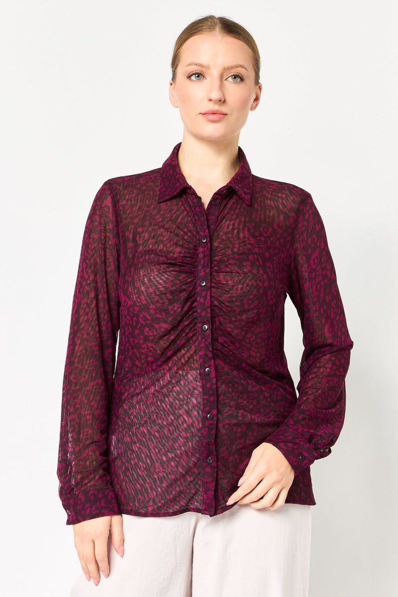 promod Women Spread Collar Long Sleeve Tie Dye Shirt, Multicolor - Image 1