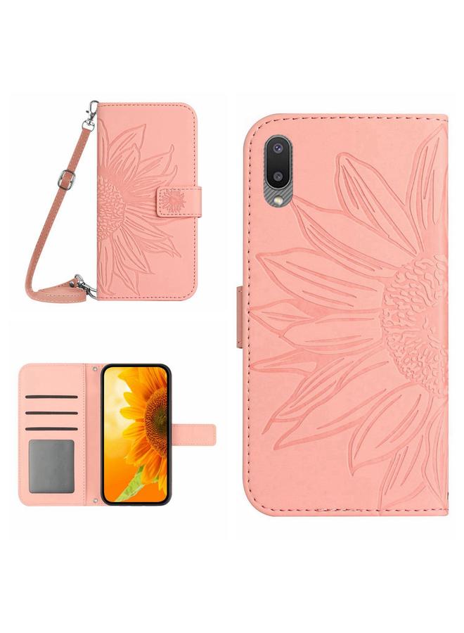 اس-توب جراب لهاتف Samsung Galaxy A02 EU Edition/M02 مصنوع من الجلد بتصميم زهرة الشمس مع حبل تعليق - Image 1